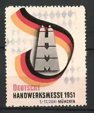 Reklamemarke München, Deutsche Handwerksmnesse 1951, Frauenkirche als Messelogo, Deutsche Fahne & Bayerische Rauten