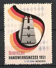 Reklamemarke München, Deutsche Handwerksmnesse 1951, Frauenkirche als Messelogo, Bayerische Rauten & Deutsche Fahne
