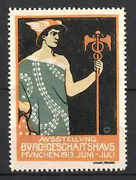 Reklamemarke München, Ausstellung Büro & Geschäftshaus 1913, Hermes mit Stab, grün