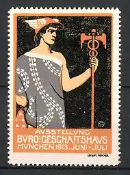 Reklamemarke München, Ausstellung Büro & Geschäftshaus 1913, Hermes mit Stab, grau