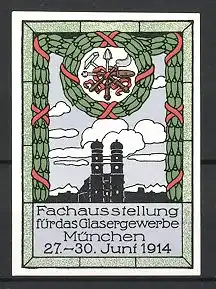 Reklamemarke München, Fachausstellung für das Glasergewerbe 1914, Glaser-Zunftwappen & Frauenkirche