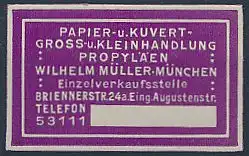 Reklamemarke München, Papier & Kuvert-Handlung Wilhelm Müller, Briennerstr. 24a, lila