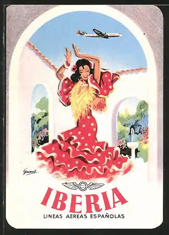 Kofferaufkleber Iberia Fluggesellschaft, Lineas Aereas Espanolas, Flamenco-Tänzerin, Flugzeug Lockheed Constellation