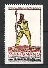 Reklamemarke Morschach, Schweizer Volksdrama Marignano, von Carl Friedrich Wiegand, Soldat mit Hellebarde