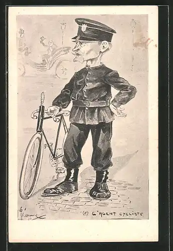 Künstler-AK L'Agent Cycliste, Polizist mit Fahrrad