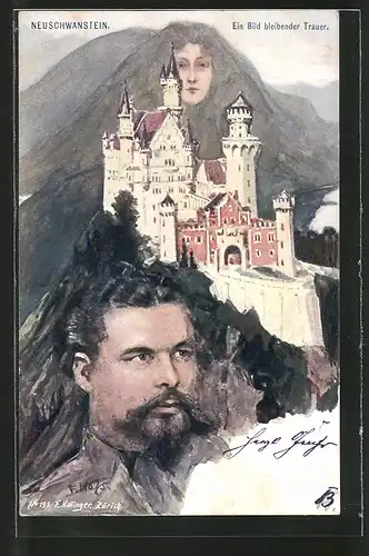 Künstler-AK Fritz Hass: Killinger Nr. 195, Schloss Neuschwanstein, Berg mit Gesicht / Berggesichter, König Ludwig II.