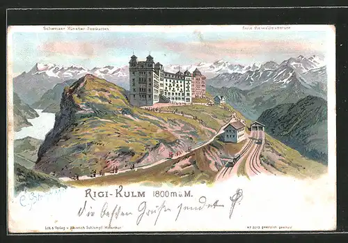 Künstler-Lithographie C. Steinmann: Rigi-Kulm, Hotel mit Gebirgspanorama