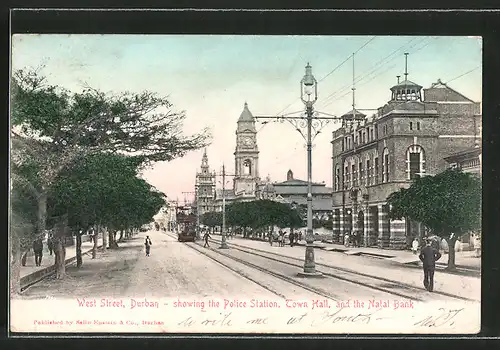 AK Durban, West Street showing the Police Station, Town Hall and the Natal Bank, Strassenbahn