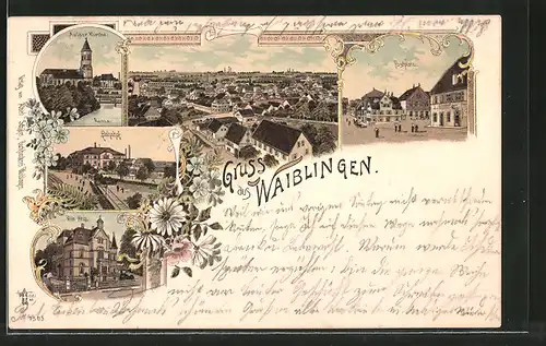 Lithographie Waiblingen, Bahnhof, Villa Hess, Postplatz
