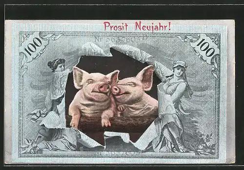 AK Prosit Neujahr!, Geldschein, Glücksschweine