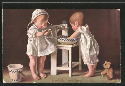 AK Käthe Kruse-Puppen waschen sich als Kinder die Hände, Teddy