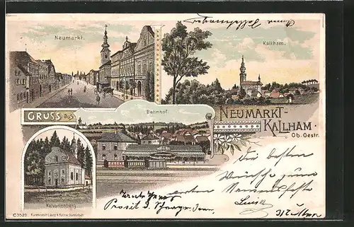 Lithographie Neumarkt, Bahnhof, Kalvarieberg, Ortsansicht von Kallham, Eisenbahn