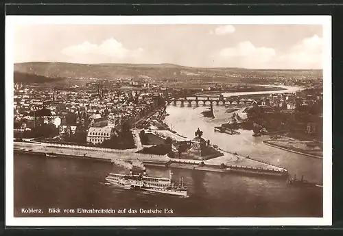 AK Koblenz, Blick vom Ehrenbreitstein auf das Deutsche Ecke mit Kaiser-Wilhelm-Denkmal