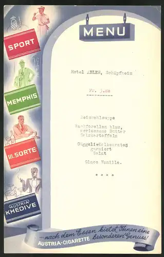 Menukarte Schüpfheim, Hotel Adler, Austria-Zigarette, Sorten Sport, Memphis, III. Sorte, Austria Khedive