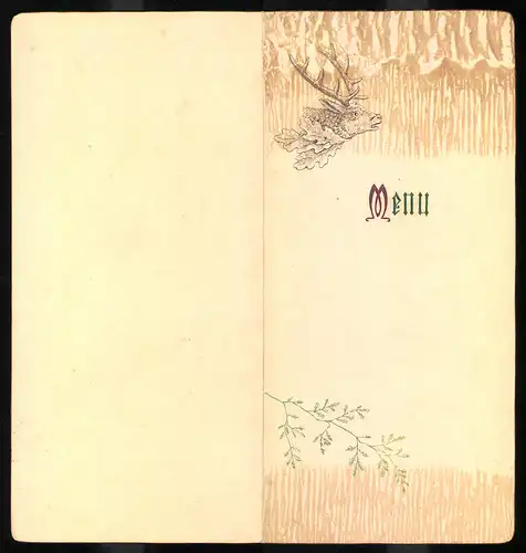 Präge-Menukarte 1919, Hirsch mit Eichenblättern, verschiedene Speisen