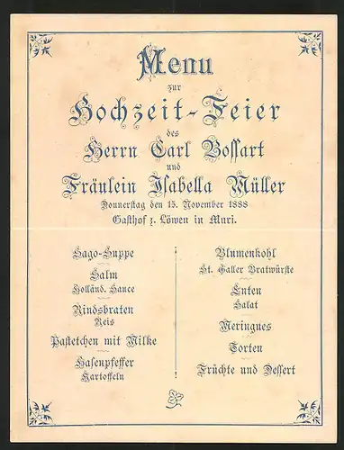 Menukarte Muri, Gasthof zum Löwen, 1888, Hochzeitsfeier von Carl Bossart & Isabella Müller, Besteck & Weinzweig