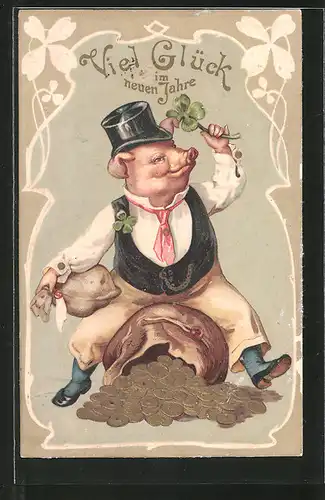Präge-AK Schwein auf einem Geldsack mit Glücksklee