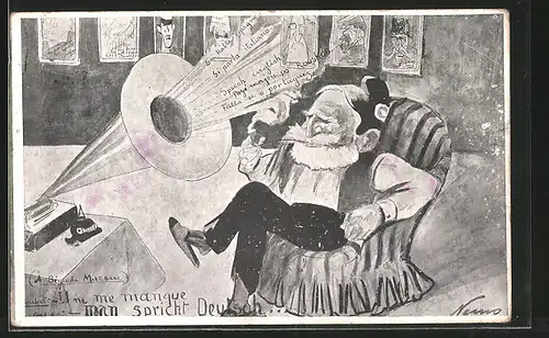 AK Karikatur, Man spricht Deutsch, Präsident Emile Loubet sitzt vor dem Grammophon