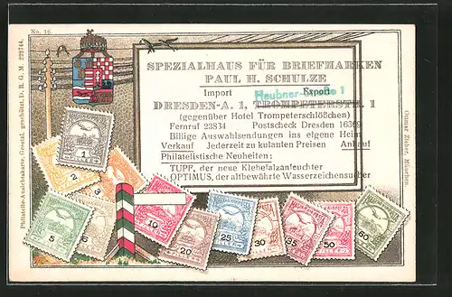 Präge-AK Dresden, Spezialhaus Briefmarken P. Schulze, Trompeterstrasse 1, versch. Briefmarken, Wappen