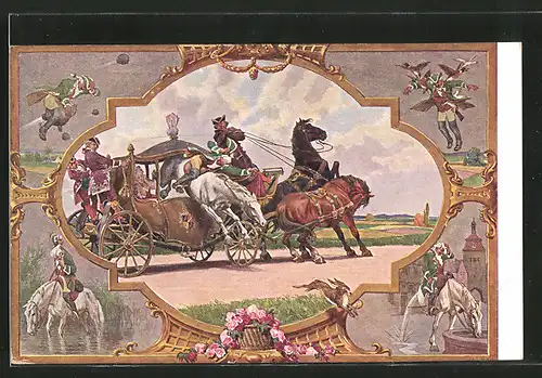 Künstler-AK Paul Hey: Baron von Münchhausen springt mit seinem Pferd durch eine Pferdekutsche