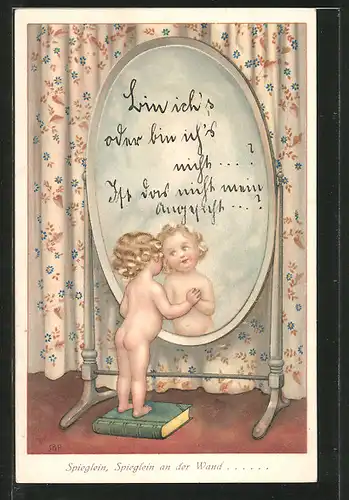 Künstler-AK Susan Beatrice Pearse: "Spieglein, Spieglein an der Wand...", Kleinkind vor einem Spiegel