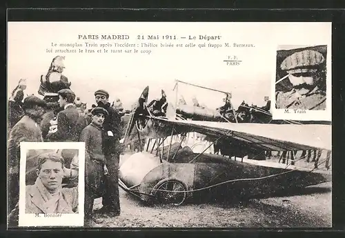 AK Paris, Flug Paris-Madrid 1911, Piloten M. Train & M. Bonnier mit ihrem Flugzeug beim Start