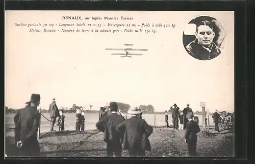 AK Pilot Renaux mit seinem Flugzeug Maurice Farman, Doppeldecker