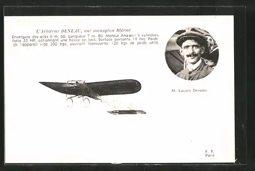 AK Pilot Lucien Deneau mit seinem Flugzeug Blériot