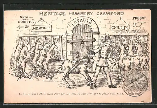 AK Affaire Humbert-Crawford, Karikatur, Heritage Humbert Crawford, Polizist führt einen Esel mit Frauengesicht ab