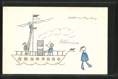 Künstler-AK Wilhelm Busch: Matrosen an Bord eines Schiffes, gezeichnet von Max und Moritz