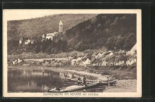 AK Zwingenberg, Ruderboote am Neckar, Blick zum Schloss