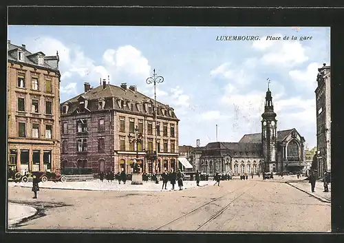 AK Luxembourg, La gare et place de la gare, Bahnhof