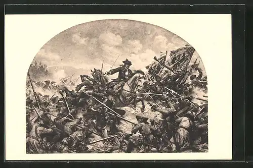 Künstler-AK Turin, Kavallerie greift Infanteristen in der Schlacht 1706 an
