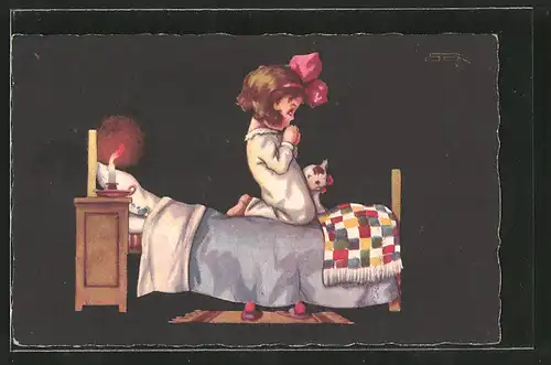 Künstler-AK sign. Roberto Sgrilli: Mädchen betet im Bett, Hund