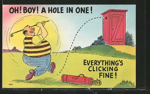 AK "Oh! Boy! A Hole in One!", Golfspieler schlägt seinen Ball in ein Klo-Häuschen
