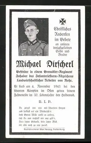 Sterbebild Michael Dirscherl, Gefreiter Grenadier Rgt., Inh. Infanterie-Sturmabzeichen, gefallen 1943 Ostfront
