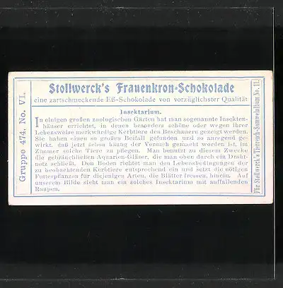 Sammelbild Stollwerck Schokolade, Raupen im Insektarium, Gruppe 474 No. VI.