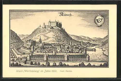 Künstler-AK Bad Urach, Ortsansicht im Jahre 1663 nach Merian