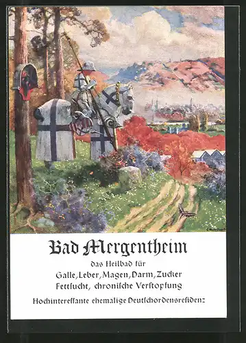 Künstler-AK Bad Mergentheim, Reklame für Tourismus, Ritter zu Pferde, Stadtpanorama