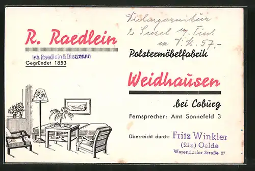 AK Weidhausen, Reklame d. Polstermöbelfabrik R. Raedlein, Inneneinrichtung eines Wohnzimmers