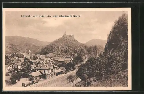 AK Altenahr, Teilansicht mit Bahnhof, Ruine Are und schwarzem Kreuz