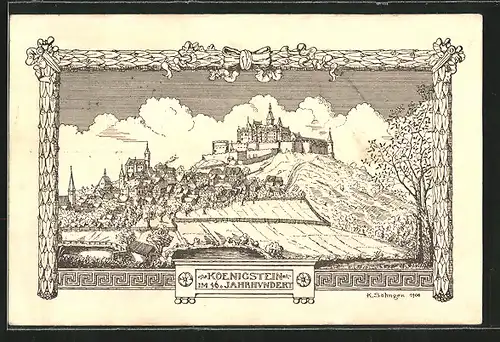 Künstler-AK Königstein, Ortsansicht im 16. Jahrhundert, Jugendstil