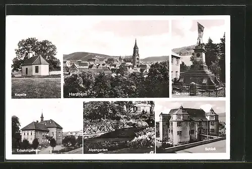 AK Hardheim, Ortsansicht, Kapelle, Kriegerdenkmal, Schloss, Alpengarten u. Erholungsheim
