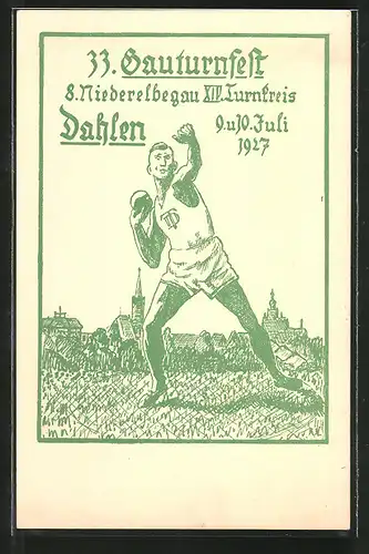 Künstler-AK Dahlen, 33. Gauturnfest 1927, 8. Niederelbegau XIV. Turnkreis, Athlet beim Kugelstossen