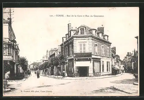 AK Cosne, Rue de la Gare et Rue du Commerce, Strassenpartie mit Geschäft