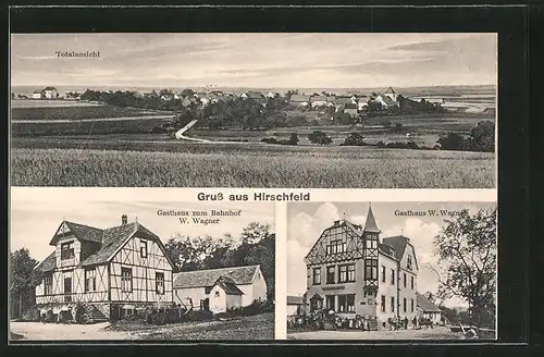AK Hirschfeld, Totalansicht, Gasthaus zum Bahnhof, Gasthaus W. Wagner