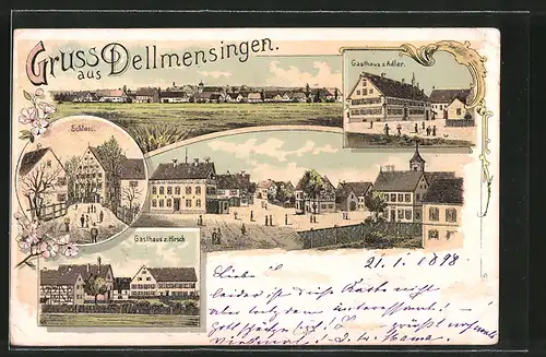 Lithographie Dellmensingen, Totalansicht, Gasthaus zum Adler, Schloss, Gasthaus zum Hirsch