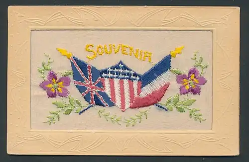 Seidenstick-AK Propaganda Entente, Flaggen von Frankreich, Grossbritannien und den USA