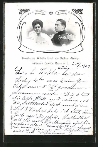 AK Grossherzog Wilhelm Ernst von Sachsen-Weimar und Prinzessin Caroline Reuss ä. L.