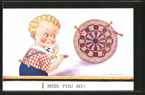 Künstler-AK Vera Paterson: I miss you so!, Kleiner Dartspieler